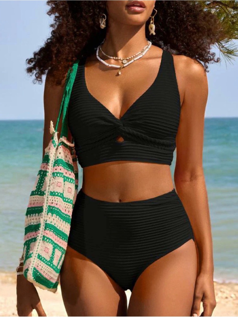 Ribbed Twist-Front High-Waist Bikini Set - Black